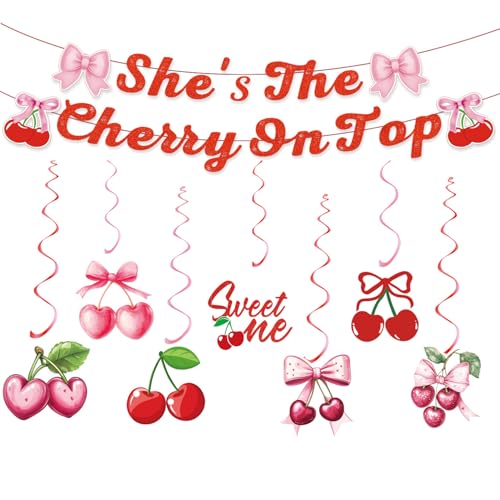 She's The Cherry On Top Banner Folie Wirbel Babyparty-Dekor Kirschthema Junggesellinnenabschied Brautparty Geburtstag Party Obst Dekorationen für Mädchen Frauen (Kirschbanner & Spiralen) von YaYuanSun