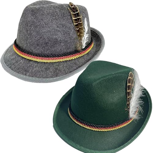 YaYuanSun 2 Bayerische Oktoberfest Hut Deutsche Alpenhüte Fedora Bayerischer Hut mit Feder für Oktoberfest Party Supplies (Grau und Grün) von YaYuanSun