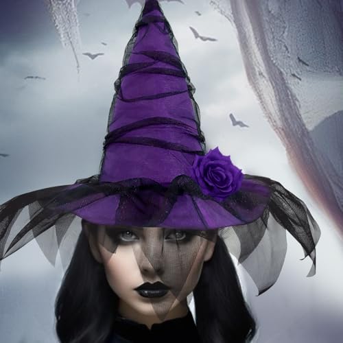 YaYuanSun Halloween-Hexenhut für Damen, schwarz, lila, Zauberermütze, Wollfilzhut für Halloween, Kostümzubehör, Cosplay, Maskerade, Partyzubehör von YaYuanSun