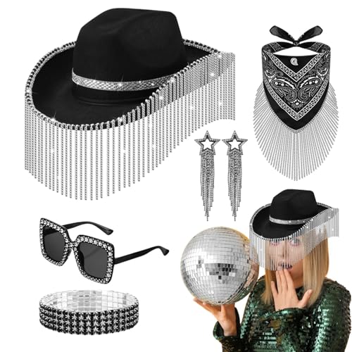 Yabauuop Strass Cowgirl Hut,Strass Cowboy Hut Set,5X Disco-Cowboyhut-Set | Kostümzubehör für Cosplay-Versammlungen, Sonnenbrillen-Bling-Armband, Quasten-Ohrringe, Bandana-Set Yabauuop Strass Cowgirl Hut,Strass Cowboy Hut Set,5X Disco-Cowboyhut-Set | Kostümzubehör für Cosplay-Versammlungen, Sonnenbrillen-Bling-Armband, Quasten-Ohrringe, Bandana-Set von Yabauuop