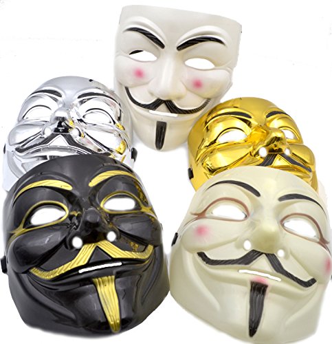 V for Vendetta Maske [5 Pack] Farben wie abgebildet – ideal für Halloween-Kostüme (Anonymous/Guy Fawkes) – Herrenmaske (schwarz/weiß/gold/silber/hellbraun) von Yabber