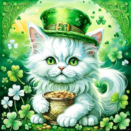 Lustiges Puzzle 500 Teile für Erwachsene Weiß Persisches Kätzchen Zwerg Frühling Ein Topf Gold Vierblättriges Kleeblatt Holzpuzzle Büro Wandkunst - Bildung, Spiele, Geschenkkunst 52,1 x 38,1 cm von Yaesttie
