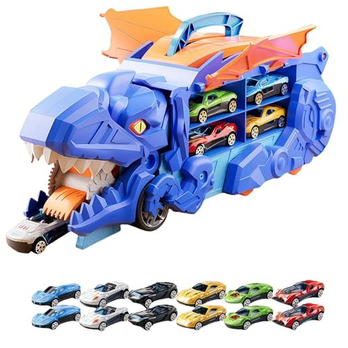 Dinosaurier Auto Spiel Truck, 2 in 1 Folding Portable Track Dino Transporter, 2-in-1 Transformationsspaß, Inklusive Fahrzeuge, Robust und langlebig, für Jungen im Alter von 3 4 5 6 7 Jahren (Blau) von Yagerod