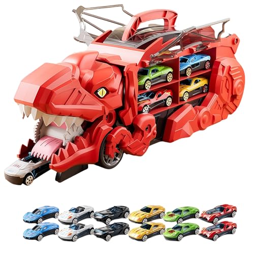 Dinosaurier Auto Spiel Truck, 2 in 1 Folding Portable Track Dino Transporter, 2-in-1 Transformationsspaß, Inklusive Fahrzeuge, Robust und langlebig, für Jungen im Alter von 3 4 5 6 7 Jahren (Rot) von Yagerod