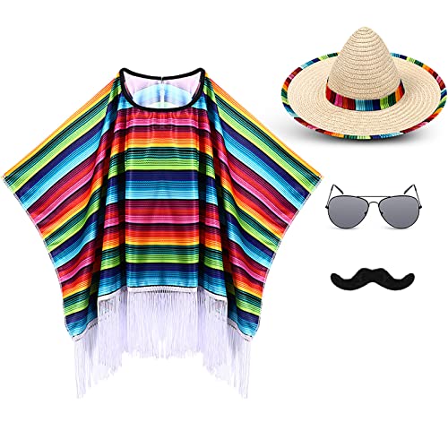 4-teiliges mexikanisches Party-Kostüm-Set beinhaltet mexikanischen Fiesta-Serape-Poncho, mexikanischen Sombrero-Hut, Sonnenbrille und Schnurrbart (Kindergröße) von Yahenda