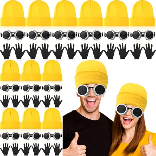Yahenda 12 Sets Halloween Cosplay Kostüm Zubehör Brille Gelbe Beanie Handschuhe Gruppe Halloween Kostüme für Erwachsene von Yahenda