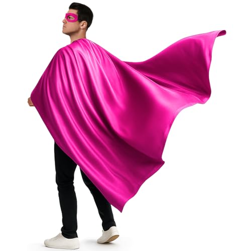 Yahenda 2-teiliges Halloween-Helden-Umhang und Masken-Set, Helden-Kostüm, Robe, Umhang, Augenmaske, für Herren und Damen, Knallpink (Hot Pink), 55.12 inches/ 140 cm long, and the hem is 35.43 inches von Yahenda