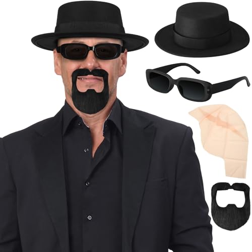 Yahenda 4 Sets Cosplay Kostüm Classic Character Kostüm Kit für Männer Hut Brille Bart Glatze Kappe Set Cosplay Outfit von Yahenda