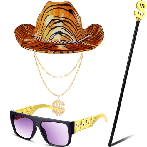 Yahenda 4-teiliges Halloween-Kostüm-Zubehör, inklusive Tiger-Druck, Hut, Dollar-Zepter, Zuhälterstock, Dollar-Halskette, Retro-Sonnenbrille für Herren und Damen, 80er-, 90er-Jahre Yahenda 4-teiliges Halloween-Kostüm-Zubehör, inklusive Tiger-Druck, Hut, Dollar-Zepter, Zuhälterstock, Dollar-Halskette, Retro-Sonnenbrille für Herren und Damen, 80er-, 90er-Jahre von Yahenda