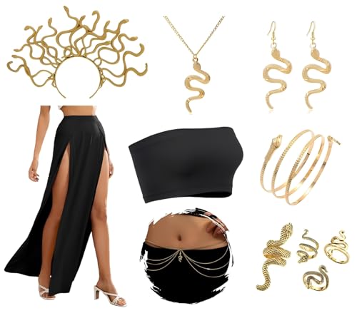 Yahenda 8-teiliges Halloween-Kostüm für Damen, Medusa, Schlangen-Kostüm, Outfit, griechische Königin, Stirnband, Halskette, Rock, Schlauch-Top, Schmuck für Cosplay, Goldfarben und Schwarz, L Size von Yahenda