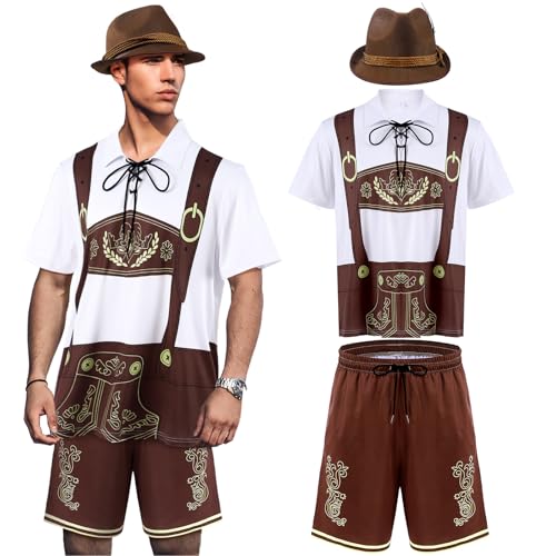 Yahenda Herren Oktoberfest Lederhose Tracht Oktoberfest Outfits Männer Hemden und Shorts mit Hut Bier Bayerisches Kostüm, Haupt-Weiß und Braun, L von Yahenda