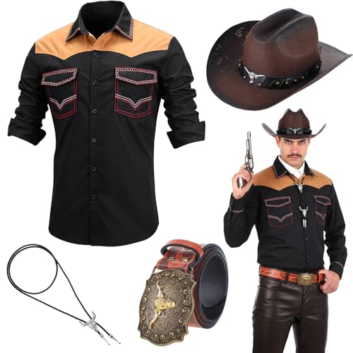 Yahenda Western-Cowboy-Kostüm für Halloween, bestickt, langärmelig, Longhorn, Stiergürtel, Bolo-Krawatte, Hut, Braun, 4 Stück von Yahenda