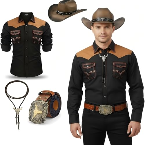 Yahenda Western-Cowboy-Kostüm für Halloween, bestickt, langärmelig, Longhorn, Stiergürtel, Bolo-Krawatte, Hut (klein), Braun, 4 Stück von Yahenda