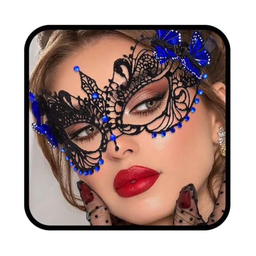 Yalice Schmetterlingsmaske, Damen, Spitze, Augenmaske, schwarz, Kostümmaske, funkelnd, Perlen, venezianische Ballmaske für Rollenspiele (blau) von Yalice