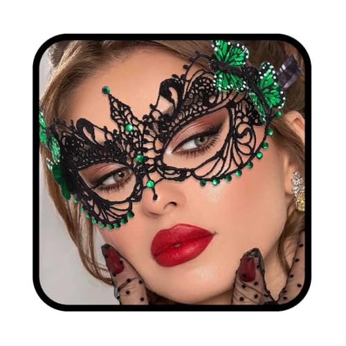 Yalice Schmetterlingsmaske, Damen, Spitze, Augenmaske, schwarz, Kostümmaske, funkelnd, Perlen, venezianische Ballmaske für Rollenspiele (grün) von Yalice