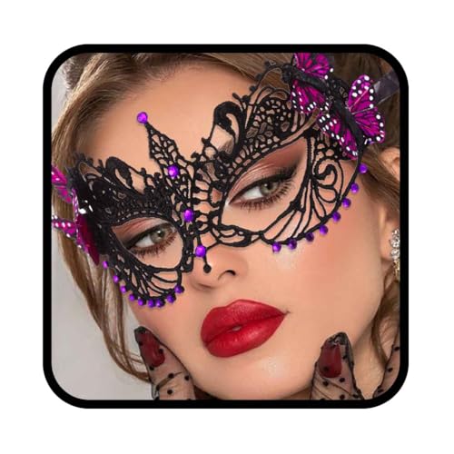 Yalice Schmetterlingsmaske, Damen, Spitze, Augenmaske, schwarz, Kostümmaske, funkelnd, Perlen, venezianische Ballmaske für Rollenspiele (lila) von Yalice