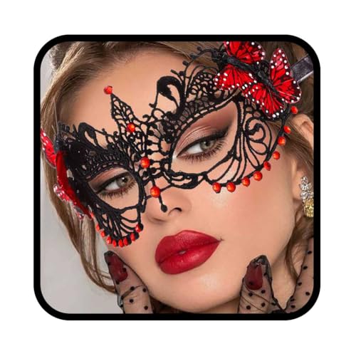 Yalice Schmetterlingsmaske, Damen, Spitze, Augenmaske, schwarz, Kostümmaske, funkelnd, Perlen, venezianische Ballmaske für Rollenspiele (rot) von Yalice