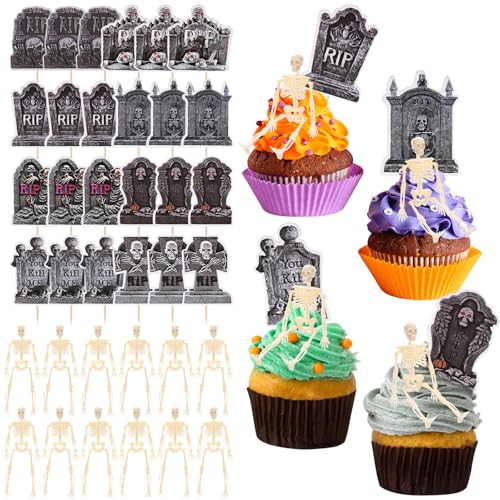 Yalikop 36 Stück Halloween-Cupcake-Topper, Kuchendekorationen, 24 Stück Grabstein und 12 Stück Mini-Skelett-Figuren, Grabstein, Friedhof, Kuchendekoration für Halloween, Horror-Party Yalikop 36 Stück Halloween-Cupcake-Topper, Kuchendekorationen, 24 Stück Grabstein und 12 Stück Mini-Skelett-Figuren, Grabstein, Friedhof, Kuchendekoration für Halloween, Horror-Party von Yalikop