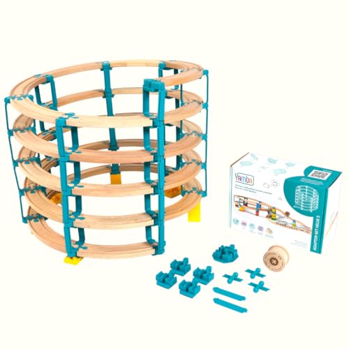 Yamba Adapter-Set Helix - mit Adapter-Steinen für Brio®-Schienen und Duplo®-Bausteine. Passt auf alle gängigen Holzeisenbahnen und Klemmbausteine. Inkl. Holzwalze Rolli, Swiss Made (55362) von Yamba