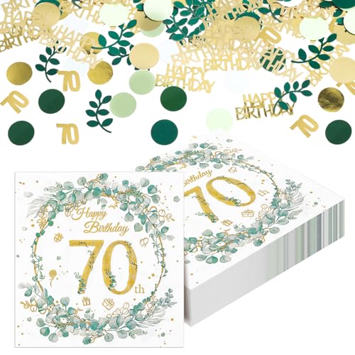 Yamitora 40 Stück Servietten 70. Geburtstag, Eukalyptus Motiv Papierservietten mit Konfetti Geburtstag Tischdeko für 70 Geburtstag Mann Frau Geburtstag Party Deco von Yamitora