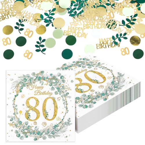 Yamitora 40 Stück Servietten 80. Geburtstag, Eukalyptus Motiv Papierservietten mit Konfetti Geburtstag Tischdeko für 80 Geburtstag Mann Frau Geburtstag Party Deco von Yamitora