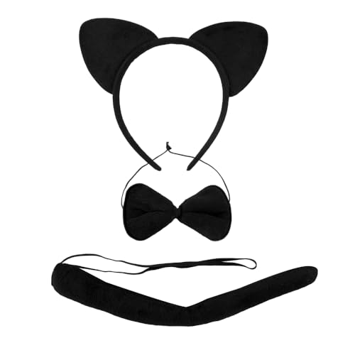 YangQian Schwarzes Katzenohren-Stirnband und Schwanz-Fliege, Set für Damen und Erwachsene, Katzenkostüm-Zubehör für Frauen, Mädchen, Katzen, Ohren, Stirnbänder, Schwanz und Krawatte für Party, Cosplay von YangQian