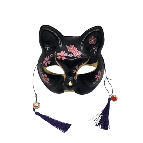 YangYong Kitsune Fuchsmaske für Halloween-Kostüm, Tier-Cosplay, Kabuki, halbes Gesicht, Katzenmaske, Maskerade Party, Schwarze magische Blume, Halbes Gesicht von YangYong