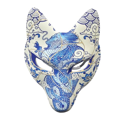 YangYong Kitsune Fuchsmaske für Halloween-Maskerade-Party, Kabuki-PU-Masken für Kostüm (Himmelblauer Drachen) von YangYong