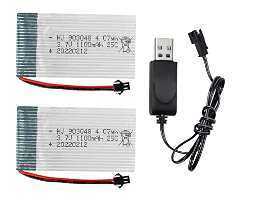 Yangers 2er-Pack 3,7 V 1100 mAh Lipo Akku RC-Akkus 25C SM-2P Stecker mit USB Ladegerät Set für RC Car Offroad Truck Jumper Fahrzeug Drift Monster Spielzeug von Yangers