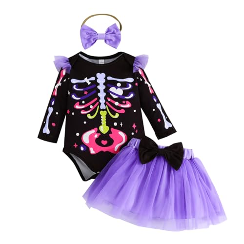 Yanmucy Baby Mädchen Halloween Kleider 2PCS Neugeborenes Mädchen Strampler Mesh Tutu Rock mit Stirnband Baby Mädchen Kleidung Halloween Party Outfits für 0-18 Monate (Lila, 6-9 Monate) von Yanmucy