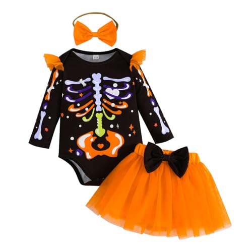 Yanmucy Baby Mädchen Halloween Kleider 2PCS Neugeborenes Mädchen Strampler Mesh Tutu Rock mit Stirnband Baby Mädchen Kleidung Halloween Party Outfits für 0-18 Monate (Orange, 3-6 Monate) von Yanmucy