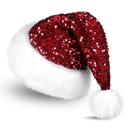 Yanmucy Weihnachtsmütze für Erwachsene, doppellagig, Pailletten, Weihnachtsmannmütze, Unisex, Schneeflocke, Weihnachtsmütze für Weihnachtsmann-Kostüm, Verkleidung (Schneeflockenrot) von Yanmucy