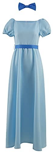 Damen Mädchen Peter Pan Wendy Prinzessin Kleid Anime Cosplay Kostüm Blau Satin Langes Kleid Outfit Halloween Karneval Kleid Komplettset (120, Wendy-Kinder) von Yanny
