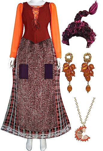 Weiblich Winifred Sanderson Kostüm Mary Sarah Sanderson Cosplay Perücke Ohrringe Halskette Kleid Zubehör für Halloween (Orange 3, Small) von Yanny