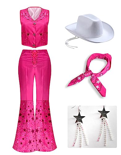 Yanny Bar-bie Ken Cosplay Cowboy Jacket Uniform Margot Robbie Costume Pink Jumpsuit Flare Pant Halloween Outfit (Rosa 1, 3X-Large) von Yanny