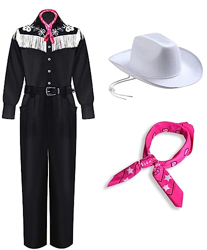 Yanny Bar-bie Ken Cosplay Cowboy Jacket Uniform Margot Robbie Costume Pink Jumpsuit Flare Pant Halloween Outfit (Schwarz, 3X-Large) von Yanny