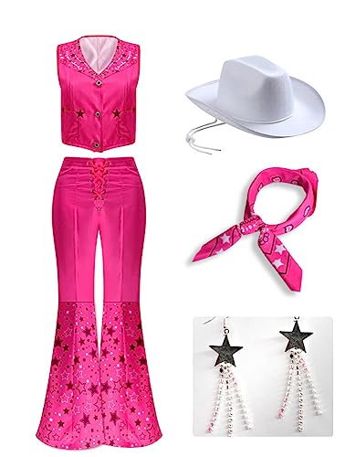 Yanny Margot Robbie Cosplay Kostüm Barbie Pink Flare Pant Overall Halloween Cosplay für Frauen mit Perücke (Rosa, X-Small) von Yanny