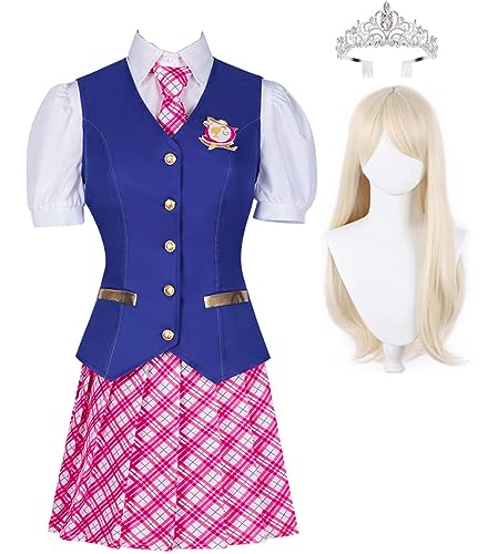 Yanny Margot Robbie Cosplay Uniform Krone Perücke Weiblich Barbie Kostüm Kurzarm Jacke Shirt für Halloween (Blau + Perücke, Medium) von Yanny