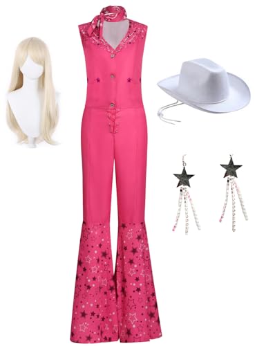 Yanny Margot Vintage Cowgirl Outfit 70s 80s Jahre Hippie Disco Kostüm Rosa Flare Hose Halloween Cosplay Für Frauen Mädchen (Pink 2 - Weiblich, 3X-Large) von Yanny