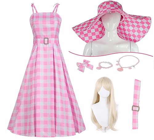 Yanny Weiblich Barbie Cosplay Skirt Margot Robbie Kostüm Rosa Kleid mit Hut Halskette Accessoires Party Geburtstag Dress Up (Stil 3 + Perücke, Medium) von Yanny