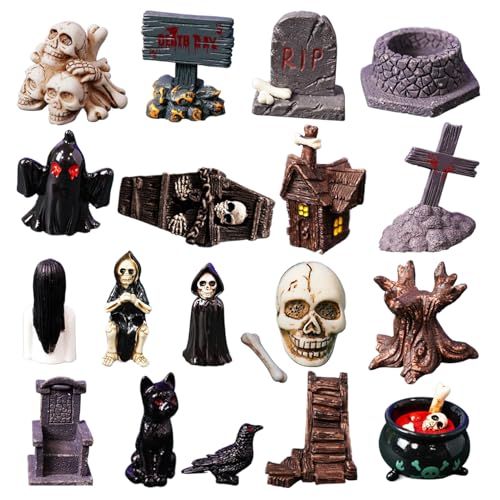 19 PCs Halloween Miniaturen, Harz Mini Halloween -Figuren, Horrorschädelköpfe Krähe Grabstein -Szenen -Accessoires für Partybevorzugungen Füllungen Tabletop Decor Figuren von Yaoliucp