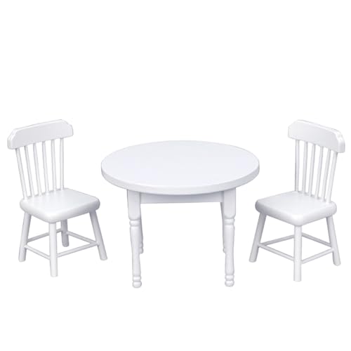 Holzpuppenhausmöbel aus Tisch & Stuhl, Puppenhausmöbelset, Holz 1/12 Skala Dollhouse Küche Beinhaltet Runde Esstisch und 2 Stuhl Speisezimmer Dekoration Dollhouse Accessoires, Weiß von Yaoliucp