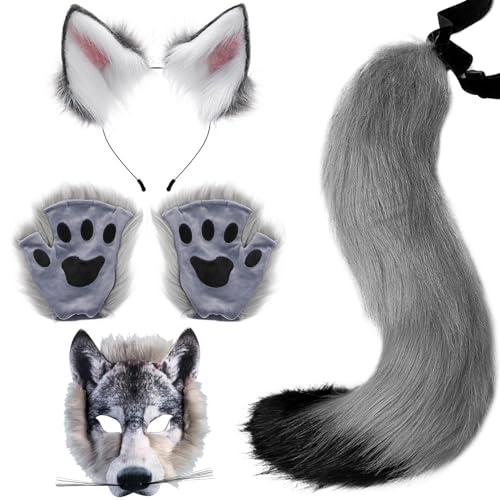Yaoliucp Wolf Maske mit Wolfspaws & Wolf Ohren und Heckset Realistic Pelry Wolf Kostüm DIY Dekorative Kostüme für Halloween Masquerade Cosplay, Wolf Kostüm von Yaoliucp