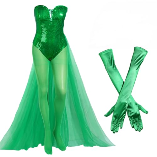Damen-Kostüm-Set, Halloween, grüne Ranken, Cosplay-Kleid, Bandeau-Body, künstliche Blätter, Strumpfhose, Satin-Handschuh (groß) von Yaomiao