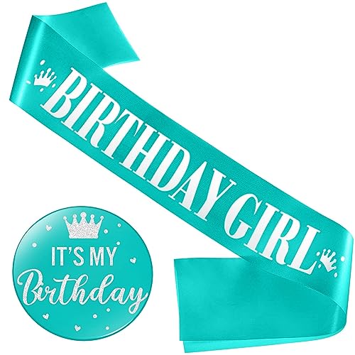 Yaomiao Geburtstag Schärpe Damen Birthday Girl Schärpe Geburtstag Deko und It's My Birthday Knopf Glitzernd Metall Pin It's My Birthday Abzeichen Geburtstag Abzeichen für Party Deko (Blau Grün) von Yaomiao