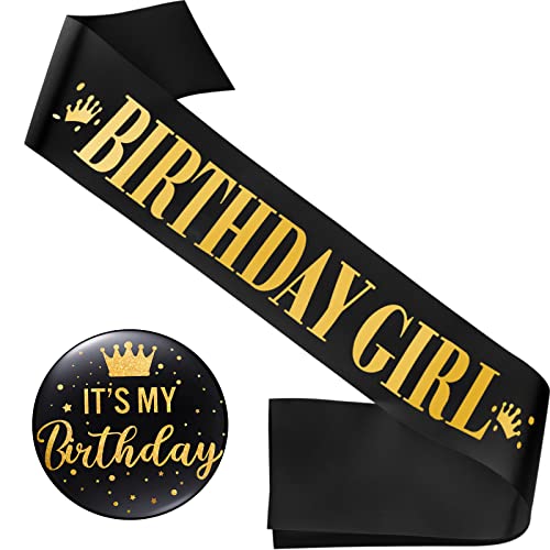 Yaomiao Geburtstag Schärpe Damen Birthday Girl Schärpe Geburtstag Deko und It's My Birthday Knopf Glitzernd Metall Pin It's My Birthday Abzeichen Geburtstag Abzeichen für Party Deko (Schwarz Gold) von Yaomiao