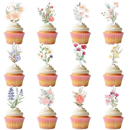36 Stück wilde Blume Cupcake Topper Geburtstagsparty Baby Dusche Baby in Blume Dekoration Kuchen Dekor Blume Kuchen Dekorationen für Frauen Bachelorette Party Party Dekorationen (36 Stück Stil3) von Yaopelky