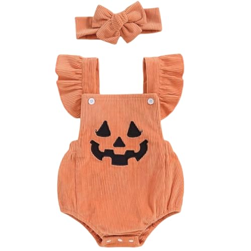 Yaopelky Baby Halloween Kostüm Strampler Neugeborenes Niedlicher Kürbis Skelett Kleidung Rüschenärmel Kordoverall mit Stirnband (Orange, 12-18 Monate) von Yaopelky