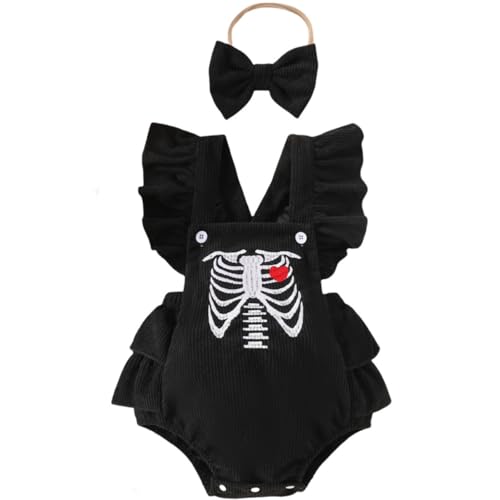 Yaopelky Baby Halloween Kostüm Strampler Neugeborenes Niedlicher Kürbis Skelett Kleidung Rüschenärmel Kordoverall mit Stirnband (Schwarz, 6-12 Monate) von Yaopelky