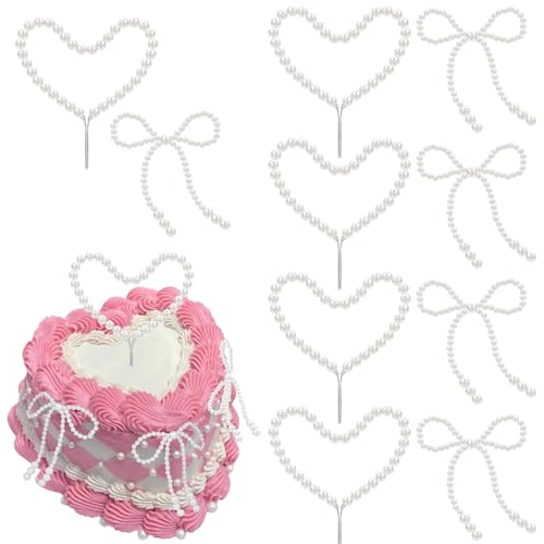 Yaopelky Tortenaufsätze, herzförmige Cupcake-Dekorationen, Blumenstrauß, Zubehör für Hochzeit, Geburtstag, Babyparty, Valentinstag, Partyzubehör (10 Stück (5 Herzen + 5 Schleifen)) von Yaopelky